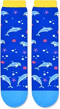 Dolphin SocksThese blue socks feature vibrant prints of lively dolphins, bubbles and shells, making them a stylish addition to any outfit. The socks have a funny saying "JUST A GIRL WHO LOVES DOLPHINS" .Size & PackageOne size fits most. Our women's crazy socks are designed to fit shoe sizes 6-12 and sock sizes 8-13. Each pair of funny socks comes in a plastic zippered bag.Quality MaterialOur cute animal socks are made of 80% Cotton, 15% Polyamide, and 5% Elastane to ensure that they are soft, co Shark Socks, Marine Gifts, Dolphin Gifts, Blue Socks, Sock Animals, Funny Socks, Crazy Socks, Dolphins, Gifts For Women