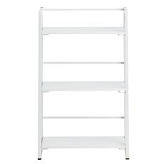 a white shelving unit with four shelves on each side and one shelf below it