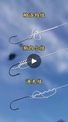 four different types of fishing lures in the sky with chinese characters above them and below