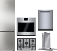 an assortment of kitchen appliances including stove, dishwasher, refrigerator and range hood