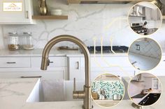 a kitchen with white cabinets and gold faucet, marble counter tops and brass fixtures