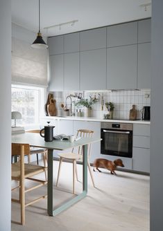 a dog is laying on the floor next to a table and chairs in a kitchen