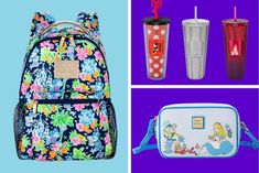 the back to school bag is decorated with colorful flowers and mermaids, including a blue backpack