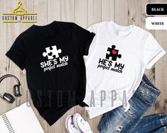 He's My Perfect Match Shirt, She's My Perfect Match T-Shirt, Married Couple Tee, Puzzle Couple Shirts, Couples Anniversary T-Shirts ✨How to order1 View all colors and size charts before placing your order.  2 Select your desired size and color.  3 Select the quantity.  4 Click add to cart. ✨How to wash?  -Make sure to turn the shirt inside out before washing. -Select gentle cycle and use warm water. -Do NOT iron over the design(foil). -Do NOT dry clean. Iron on Shirts with DTF Printing! ✨Processing time is 1-2 business days! ✨ Send us a message if you have any questions regarding colors, sizes, and designs. Thank you for choosing us for your special order! 😌 Couple Tees, Couples Anniversary, Dtf Printing, Married Couple, Couple Shirts, Size Charts, Houston Tx, Custom Clothes, Perfect Match