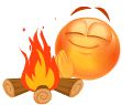 an orange sitting next to a campfire with its eyes closed and mouth wide open