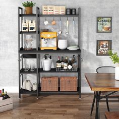 a kitchen with wooden floors and shelves filled with cooking utensils, coffee mugs and other items