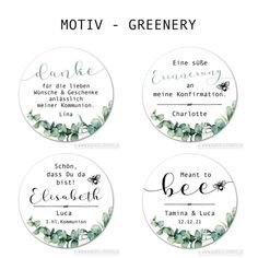 four round labels with green leaves and the words motivv - greenery on them