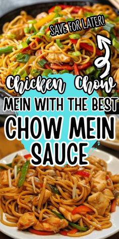 chicken chow mein with the best chow mein sauce on a white plate and in a black pan