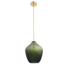 a green vase hanging from a ceiling light