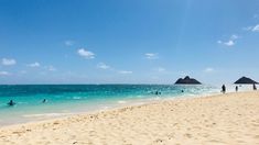 people are on the beach with umbrellas in the water