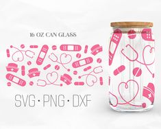 a glass jar filled with pink hearts and medical equipment on top of a white background