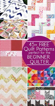 four different quilt patterns with the text 4 free quilt patterns for beginner quilters