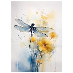 a painting with yellow flowers and a dragonfly on it