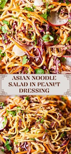 This Asian Noodle Salad with thinly sliced red cabbage, julienned carrots and radishes in spicy peanut dressing is ideal for picnics, barbecues or a delicious work lunch. Chinese Noodle Salad Recipes, Asian Dishes For Potluck, Spring Noodle Salad, Asian Potluck Dishes, Asian Pasta Salad, Peanut Noodle Salad, Noodle Salads