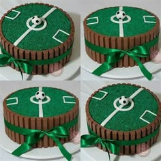 three cakes decorated with green and brown icing are on a white plate, one is shaped like a golf course