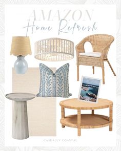 the cover of an interior design book with furniture and decor items in blue and white