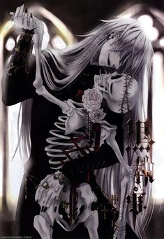 a woman with long white hair and skeleton makeup