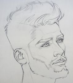 a pencil drawing of a man's face with short hair and beards on paper