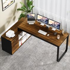 a computer desk with three monitors and two laptops