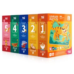 the three books in each box have numbers and animals on them, as well as an animal