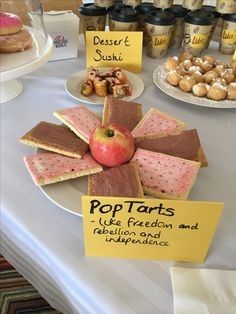 a table topped with lots of desserts and pastries next to each other on plates