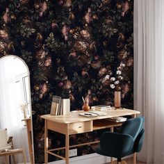 Dark Background Wallpaper Bird Removable Wall Covering image 1 Wallpaper Moody, Dark Floral Wallpaper, Vintage Floral Wallpaper, Moody Wallpaper, Dark Background Wallpaper, Vintage Floral Wallpapers, Solid Hardwood Floors, Botanical Wallpaper, Wallpaper Peel And Stick