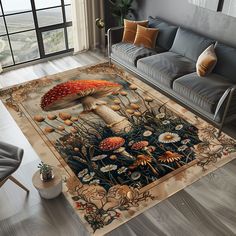 a living room area rug with mushrooms on it