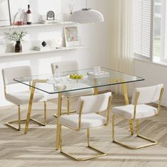 This kitchen table set includes a modern rectangle glass dining table and high-quality upholstered dining chairs. Classic and simple that blend well into a variety of decorative styles. The spacious tabletop is spacious enough to enjoy a family meal. Mercer41 Chair Color: Beige, Size: 29.5"H x 31.5"L x 51"W | Mercer41 5 Piece Rectangle Glass Dining Table Set, w / 4 Corduroy Dining Chair, Metal Legs. Upholstered / Metal in Beige | 29.5"H x 31.5"L x 51"W | Wayfair Dining Chairs Classic, Rectangle Glass Dining Table, Glass Dinning Table, Dinning Table Set, Glass Dining Table Set, Decorative Styles, Kitchen Table Set, Chair Metal, Metal Dining Chairs