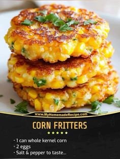 three corn fritters are stacked on top of each other with the words corn fritters below it