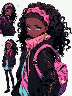 a drawing of a girl with curly hair wearing a pink backpack and black jacket, standing in front of a white background