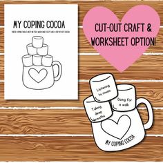 a coffee mug and some cards with the words cut out craft and worksheet options