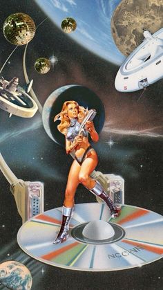 an image of a woman in the space surrounded by planets and other things that are flying around her