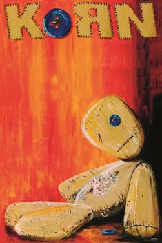 a painting of a teddy bear sitting in front of a red wall with the word iron on it