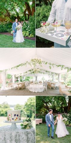 the bride and groom are getting ready to eat their wedding cake at this outdoor reception