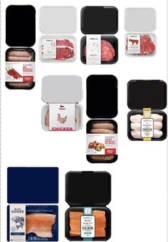 an assortment of meats and sausages are shown in the image with labels on them