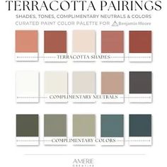 the color chart for terracotta pairings in shades tones, complementary neutrals and combinations