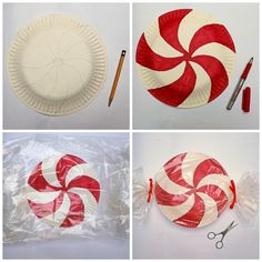 paper plates with red and white candy canes on them are shown in four different ways