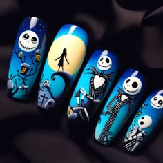 Jack Nightmare Before Christmas Nails, Jack And Sally Nails Art, Nightmare Before Christmas Nail Ideas, Uñas Halloween Jack, Uñas Jack Skellington, Jack And Sally Nail Designs, Nbc Nails, Jack And Sally Nails, The Nightmare Before Christmas Nails