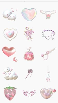 some pink and white items are arranged on a white background, including hearts, flowers, angel