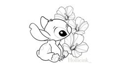 a drawing of a cartoon character with flowers in the foreground and an image of a baby