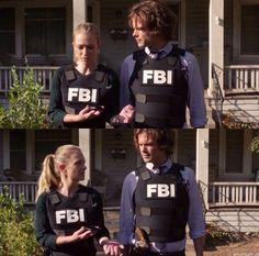 two people in front of a house with the words fbi on their vests