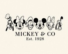 mickey mouse and other cartoon characters with the name mickey & co est 1932