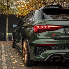 the rear end of a green car parked in front of a tree with leaves on it