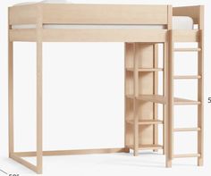 a wooden bunk bed with a ladder to the bottom and shelves below it, against a white background