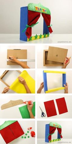 the steps to make a puppet house out of construction paper