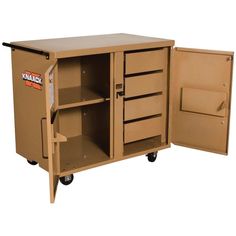 an open storage cabinet on wheels with shelves