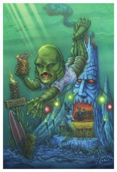 a painting of an alien holding a candle in his hand and another creature standing next to him