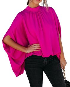 PRICES MAY VARY. [Material]-The cape sleeve shirt made with high quality material. soft to the touch and comfortable to wear.The Satin Fabric Ensures a Perfect Flowing Drape [Feature]- Half Short Batwing Sleeve Shirts / Dressy Oversized Shirt Tops / Mock Neck With Back Tie Knot / Cape Sleeve/Batwing Short Sleeve / Soft And Lightweight / Loose Fit / Solid Color [Matching]The Womens Summer Tops In a Loose Fit Shape Can Fits For All Body Shape Perfectly，You can pair this shirts with variety of jean Batwing Sleeve Top, Batwing Blouse, Batwing Sleeve Blouse, Harajuku Women, Round Neck Shirt, Loose Pullover, Mini Robes, Loose Outfit, Loose Blouse