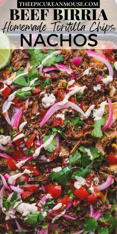 beef burrito nachos with onions, cilantro and red onion on top