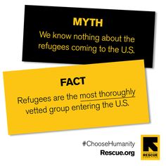 two yellow and black signs that say, we know nothing about the refugees coming to the u s